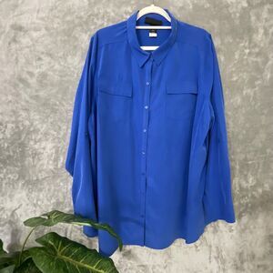 Lane Bryant Blouse Top Size 22/24 Career Office Blue Button Up Roll Tab Sleeve